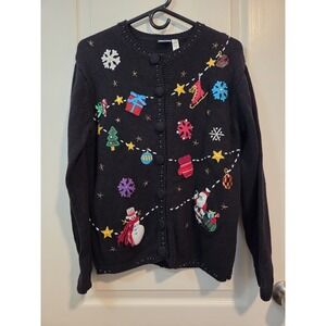 Holiday Editions Black Cardigan Christmas Sweater Appliqued Womens Sz Med